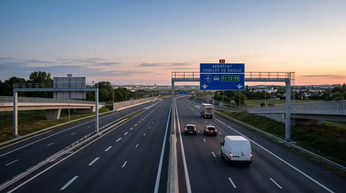Vue large d'une autoroute francilienne à l'aube avec un trafic fluide et un ciel teinté de bleu-orangé