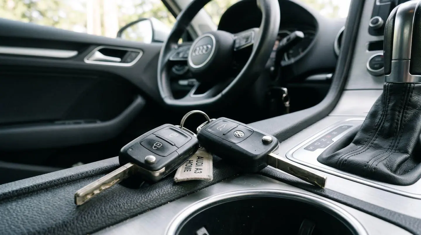Gros plan sur des clés de voiture posées sur un tableau de bord contemporain avec un arrière-plan flou montrant le volant