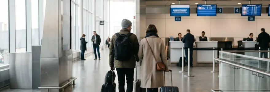 Un couple vu de dos se dirige vers un comptoir d'enregistrement dans un terminal d'aéroport baigné de lumière matinale naturelle