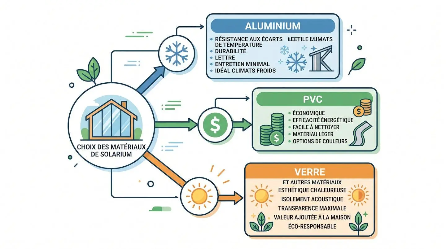 Schéma simplifié d'un arbre décisionnel en flat design pour choisir entre aluminium, PVC et verre selon l'usage, le budget et la priorité d'isolation