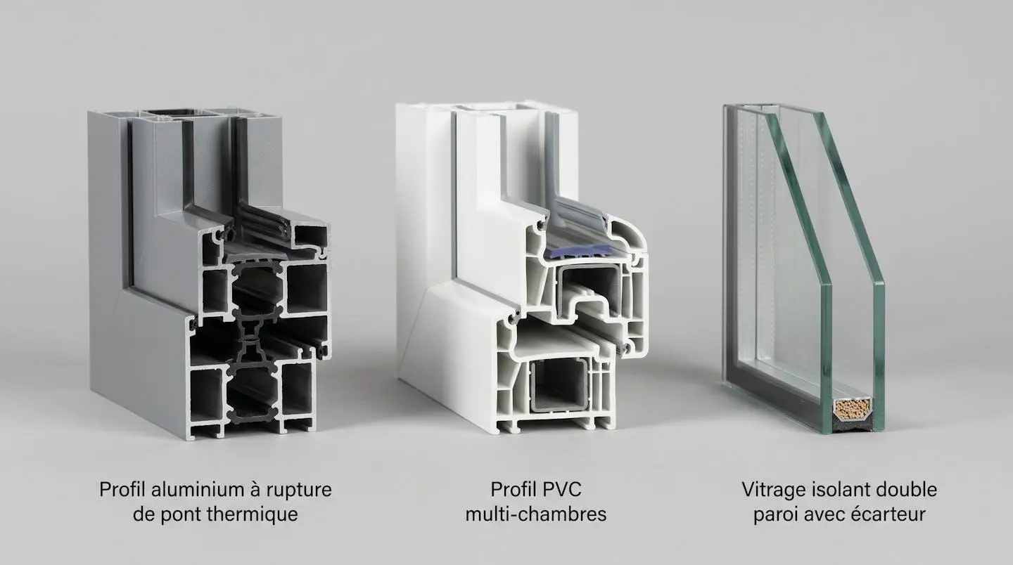 Trois échantillons de profilés de solarium côte à côte : aluminium gris, PVC blanc, et verre double vitrage sur fond neutre