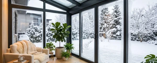 Solarium quatre saisons lumineux intégré à une maison contemporaine en banlieue québécoise, grandes baies vitrées, neige au sol, intérieur chaleureux avec végétation