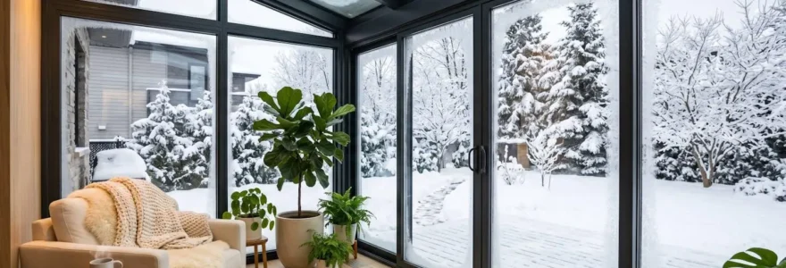 Solarium quatre saisons lumineux intégré à une maison contemporaine en banlieue québécoise, grandes baies vitrées, neige au sol, intérieur chaleureux avec végétation