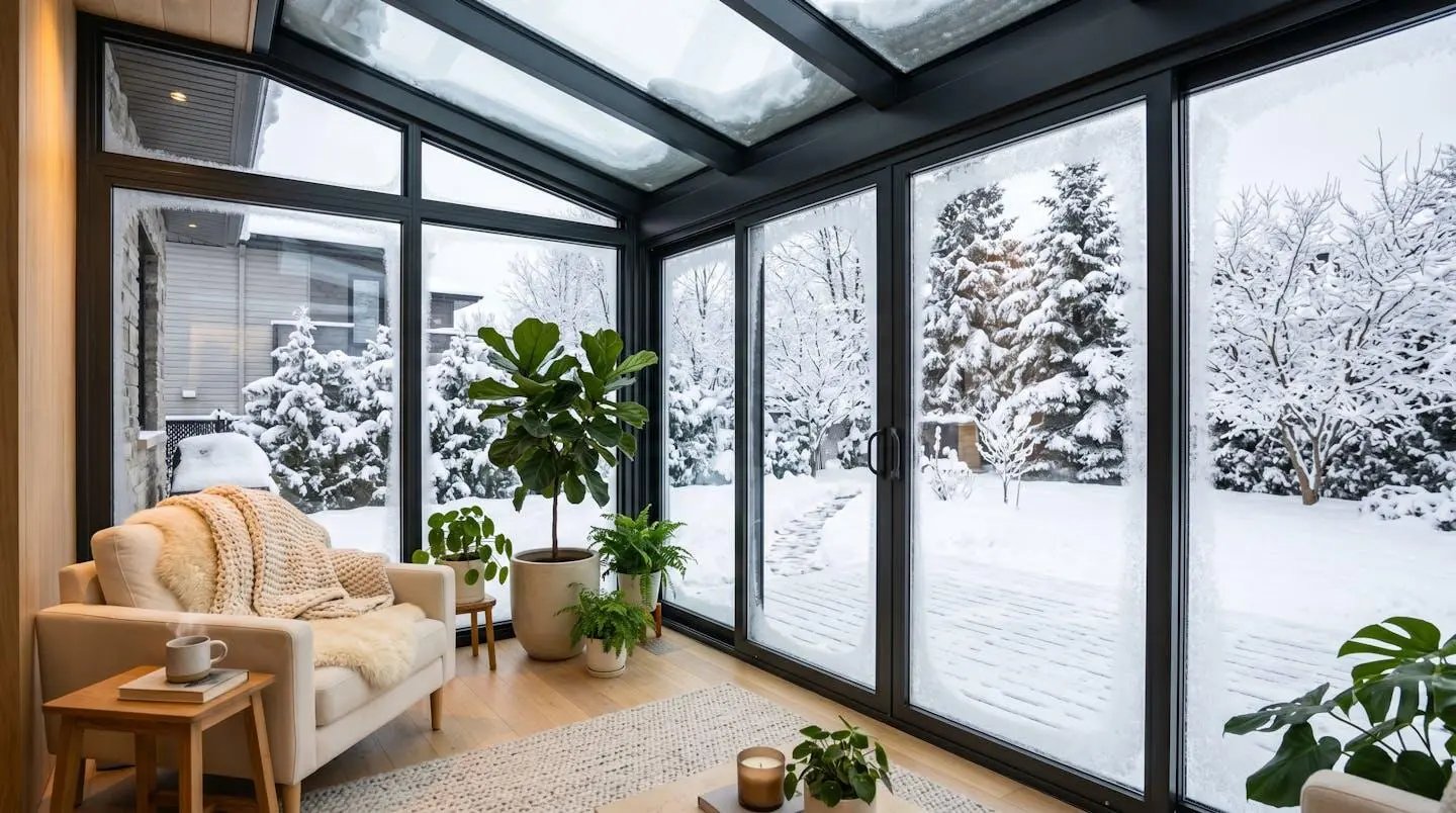 Solarium quatre saisons lumineux intégré à une maison contemporaine en banlieue québécoise, grandes baies vitrées, neige au sol, intérieur chaleureux avec végétation