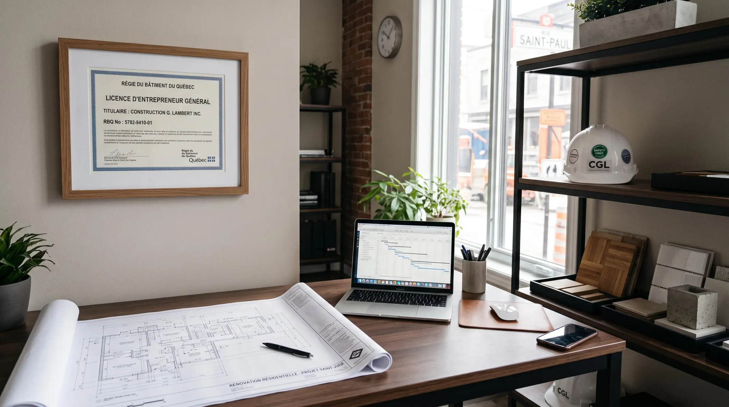 Certificat de licence RBQ officiel encadré sur le mur d'un bureau professionnel d'entrepreneur en construction au Québec, avec plans de rénovation et outils de travail, symbolisant conformité réglementaire et professionnalisme