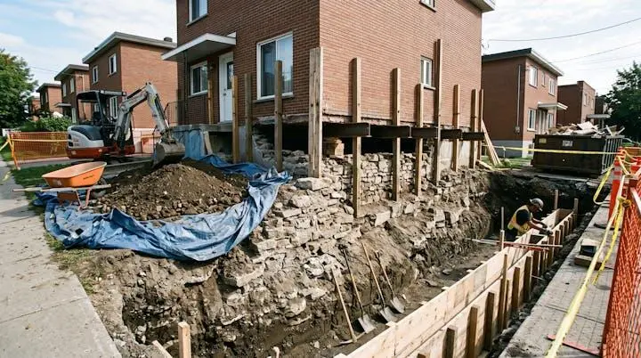 Chantier extérieur de reprise en sous-oeuvre avec excavation profonde exposant fondation, étayages temporaires et matériel de construction le long d'une maison résidentielle québécoise