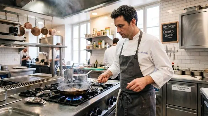 Chef cuisinier professionnel en action dans une cuisine équipée au gaz propane, flammes visibles sur piano de cuisson, concentration sur la préparation du plat.