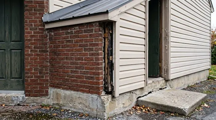 Vue extérieure d'un écart de plusieurs centimètres entre garage attaché et maison résidentielle québécoise révélant un mouvement de fondations