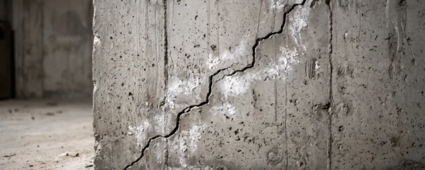 Gros plan d'une fissure en escalier de 3-4 mm traversant un mur de fondation en béton gris dans un sous-sol résidentiel québécois, éclairage latéral révélant la profondeur de la lézarde