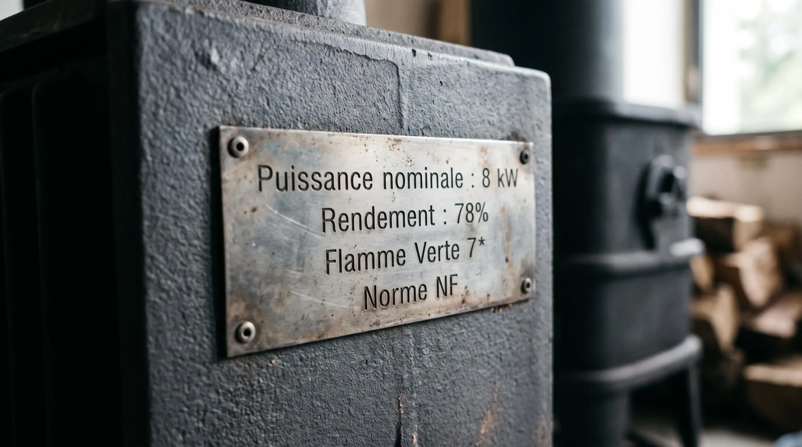 Gros plan sur une plaque signalétique métallique d'un poêle à bois indiquant puissance nominale 8 kW, rendement 78% et certification Flamme Verte 7 étoiles