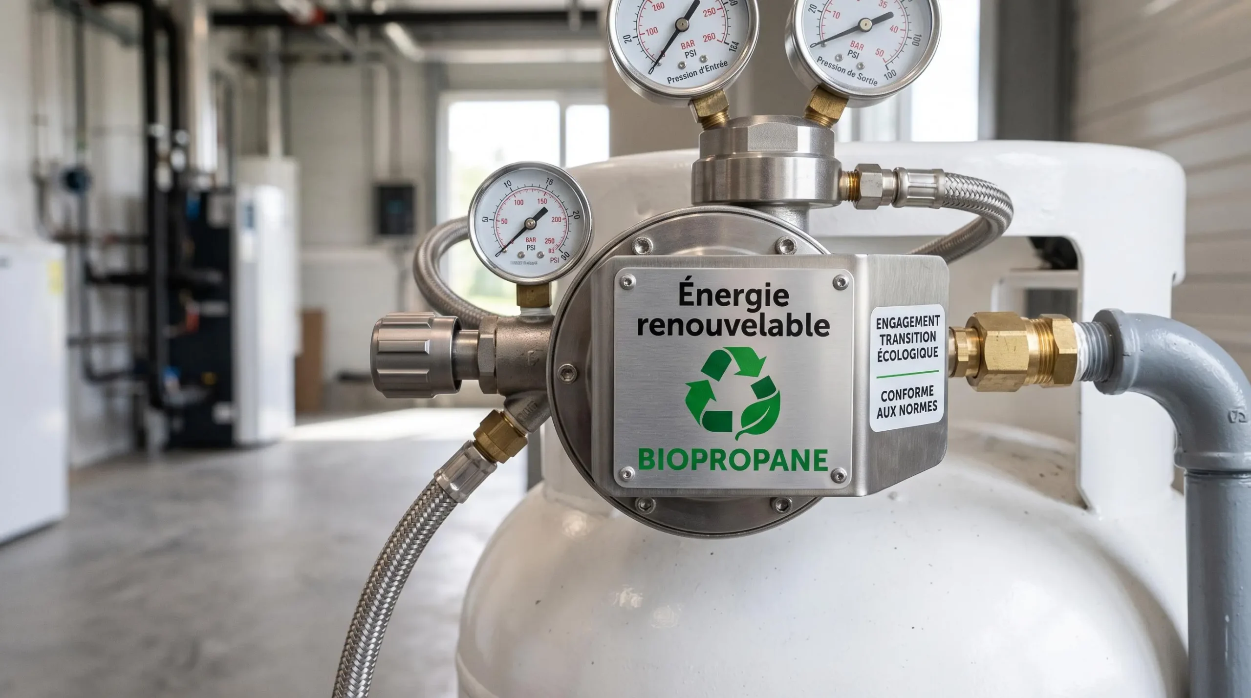 Gros plan sur installation de citerne de gaz propane avec badge signalétique 'Énergie renouvelable' ou 'Biopropane', matériaux industriels métalliques modernes.