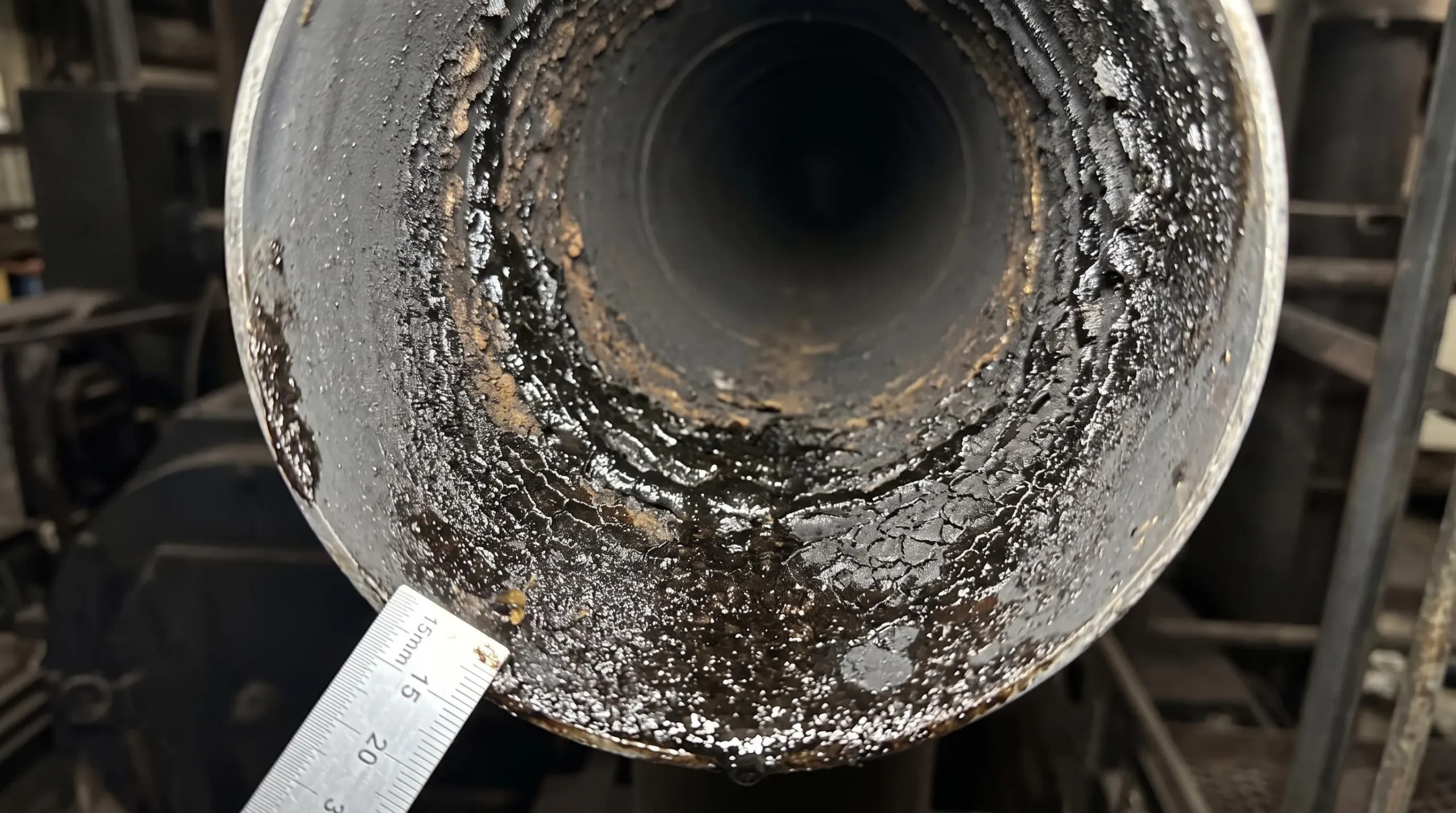 Intérieur d'un conduit de fumée encrassé avec dépôts noirs de bistre et créosote dus au fonctionnement d'un poêle à bois surdimensionné en sous-régime
