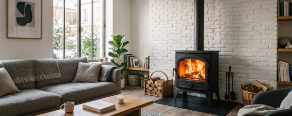 Poêle à bois moderne en fonte noire allumé dans un salon contemporain français, feu visible à travers la vitre, mobilier épuré et lumière naturelle d'hiver