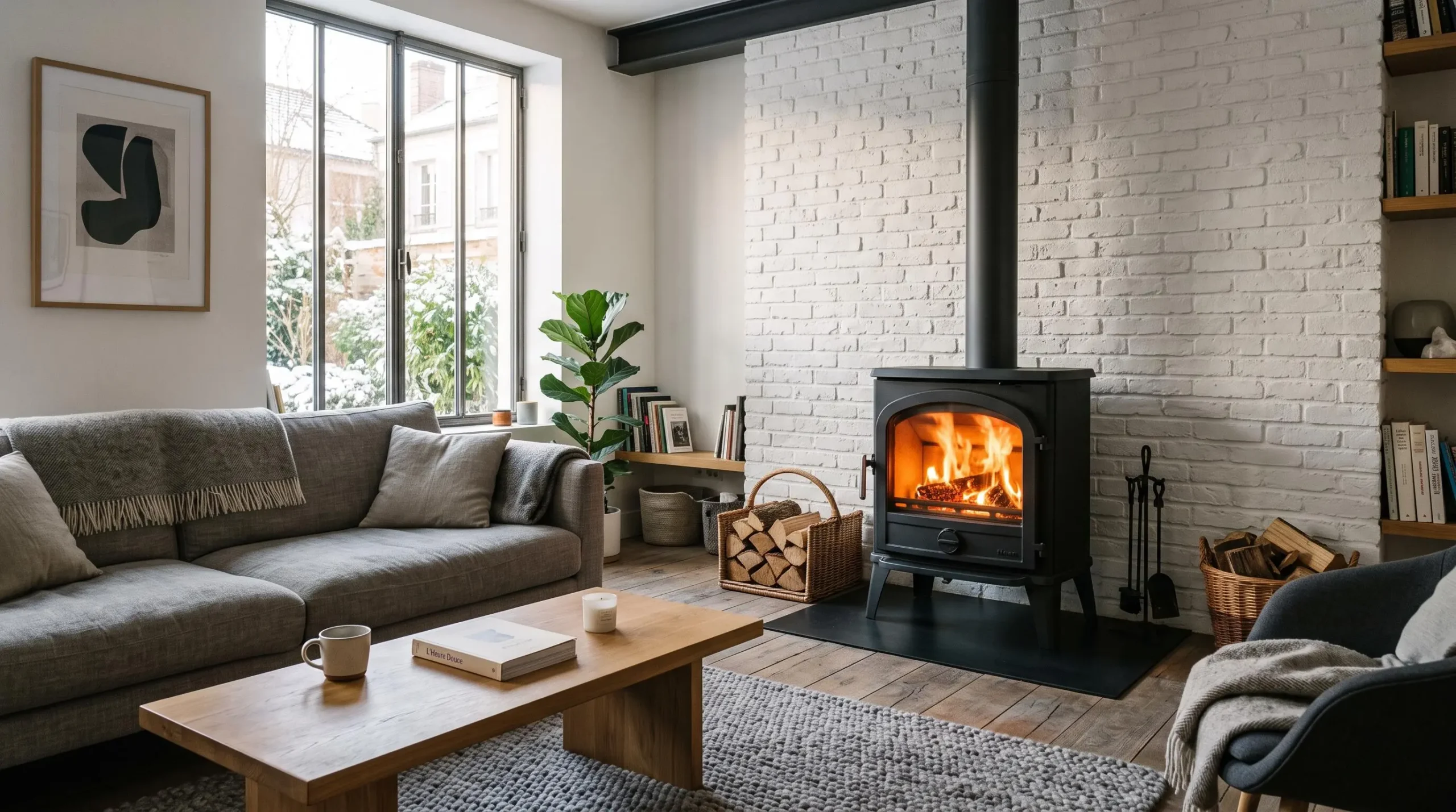 Poêle à bois moderne en fonte noire allumé dans un salon contemporain français, feu visible à travers la vitre, mobilier épuré et lumière naturelle d'hiver