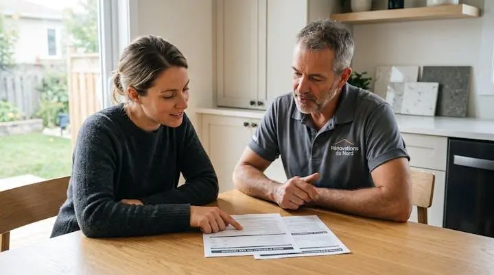 Propriétaire femme et entrepreneur professionnel assis ensemble à une table de cuisine résidentielle québécoise, consultant une soumission détaillée de rénovation, illustrant transparence et collaboration dans le processus de sélection
