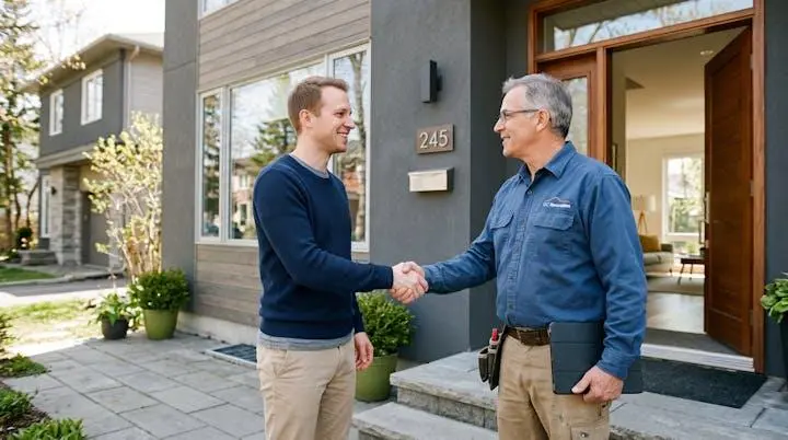 Jeune propriétaire accueillant un entrepreneur expérimenté sur le seuil de sa résidence québécoise moderne pour une première consultation de projet de rénovation, illustrant l'importance du premier contact professionnel