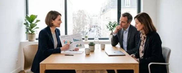 Responsable RSE présentant un rapport environnemental illustré de graphiques de réduction carbone à deux décideurs clients lors d'un rendez-vous professionnel dans un bureau lumineux moderne