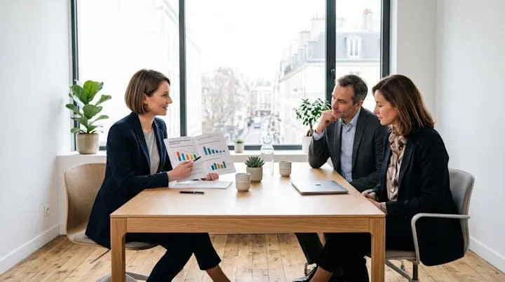 Responsable RSE présentant un rapport environnemental illustré de graphiques de réduction carbone à deux décideurs clients lors d'un rendez-vous professionnel dans un bureau lumineux moderne