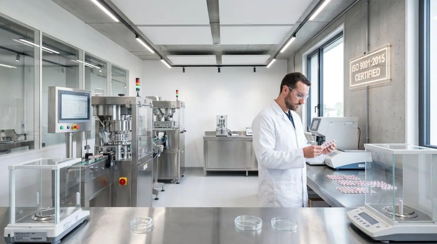 Technicien en blouse blanche effectuant un contrôle qualité sur des gélules de biotine dans un laboratoire pharmaceutique français moderne équipé de matériel de pointe