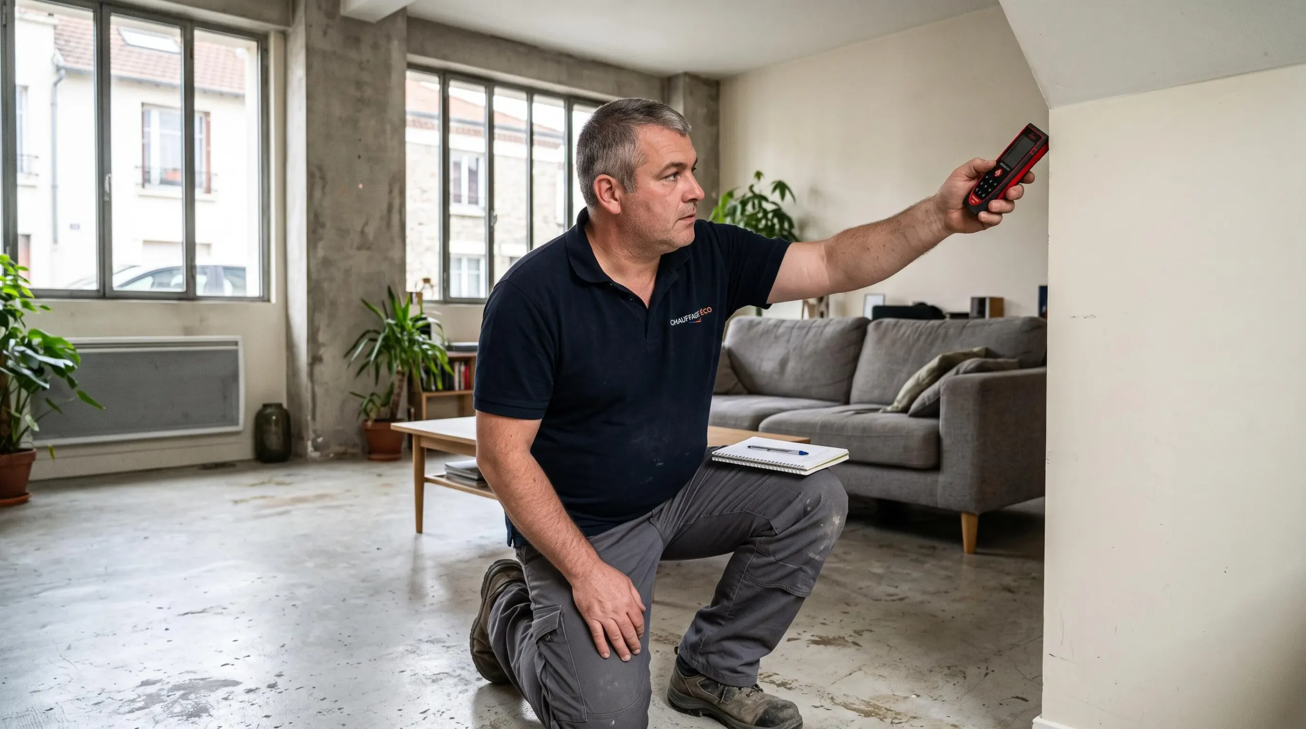 Technicien chauffagiste certifié en train de mesurer les dimensions d'un salon avec un télémètre laser, carnet en main, dans le cadre d'un audit thermique préalable