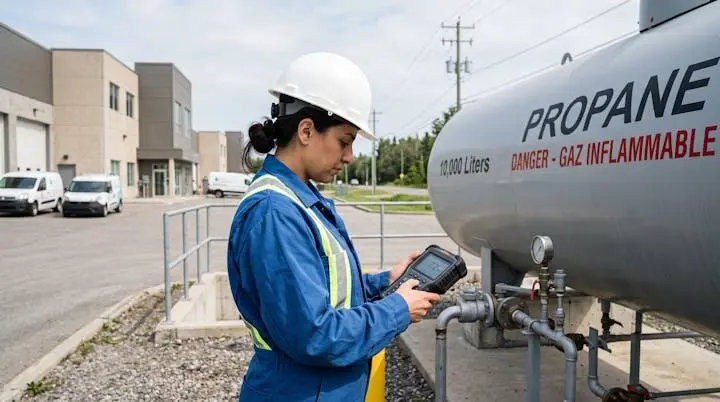 Technicien professionnel en tenue de sécurité contrôlant une installation de citerne de gaz propane sur site industriel français avec tablette de diagnostic.