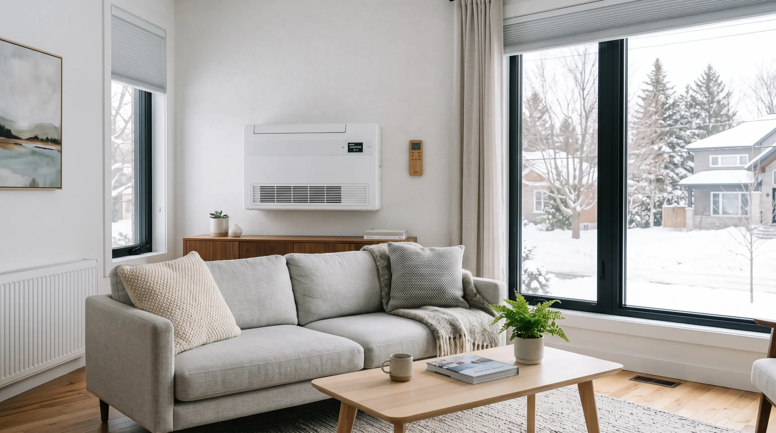 Unité murale blanche de thermopompe air-air installée sur le mur d'un salon contemporain québécois avec mobilier moderne neutre, grande fenêtre montrant paysage hivernal enneigé, lumière naturelle douce