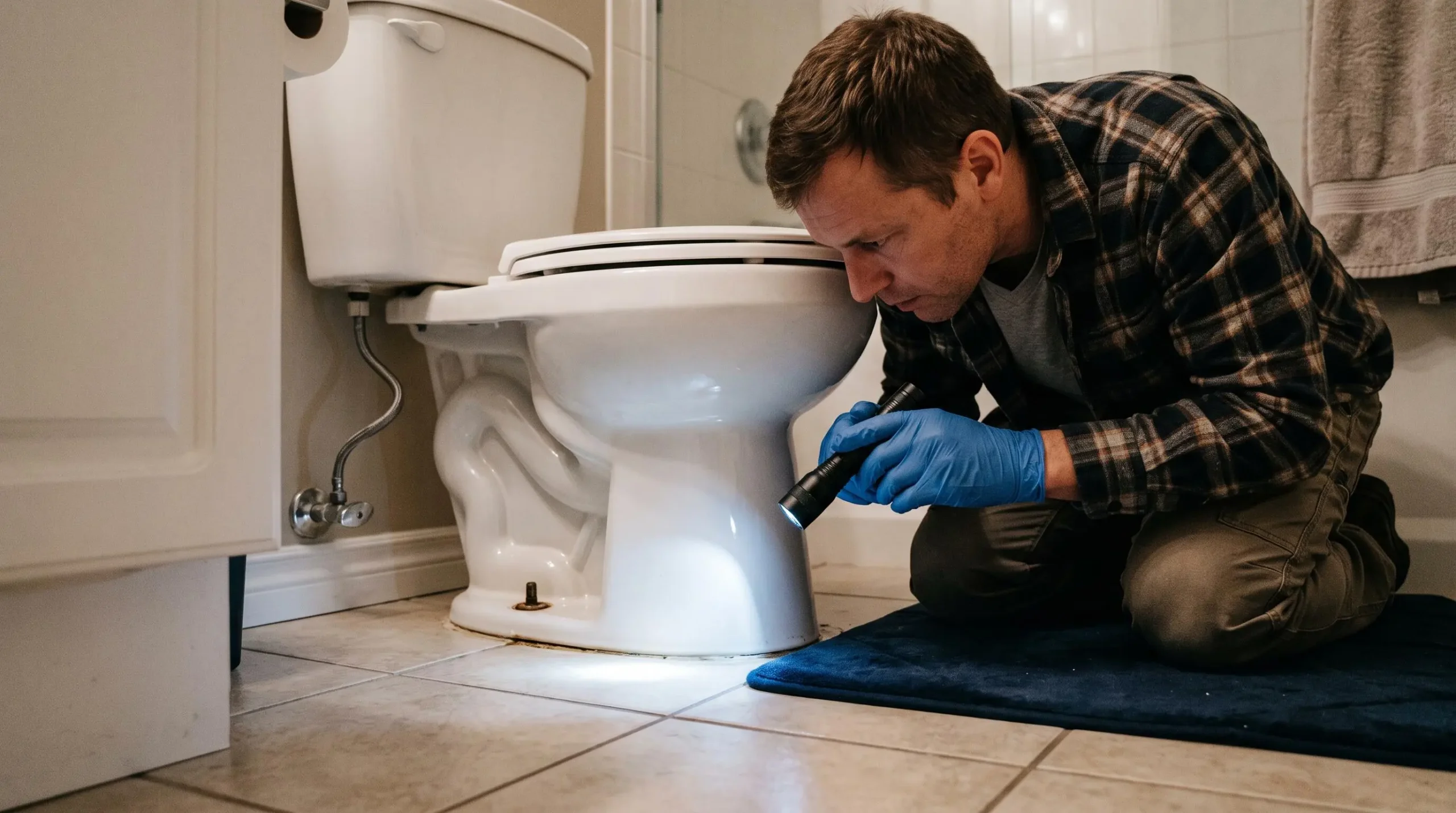 Personne inspectant la base d'une toilette avec une lampe de poche pour détecter des signes de fuite