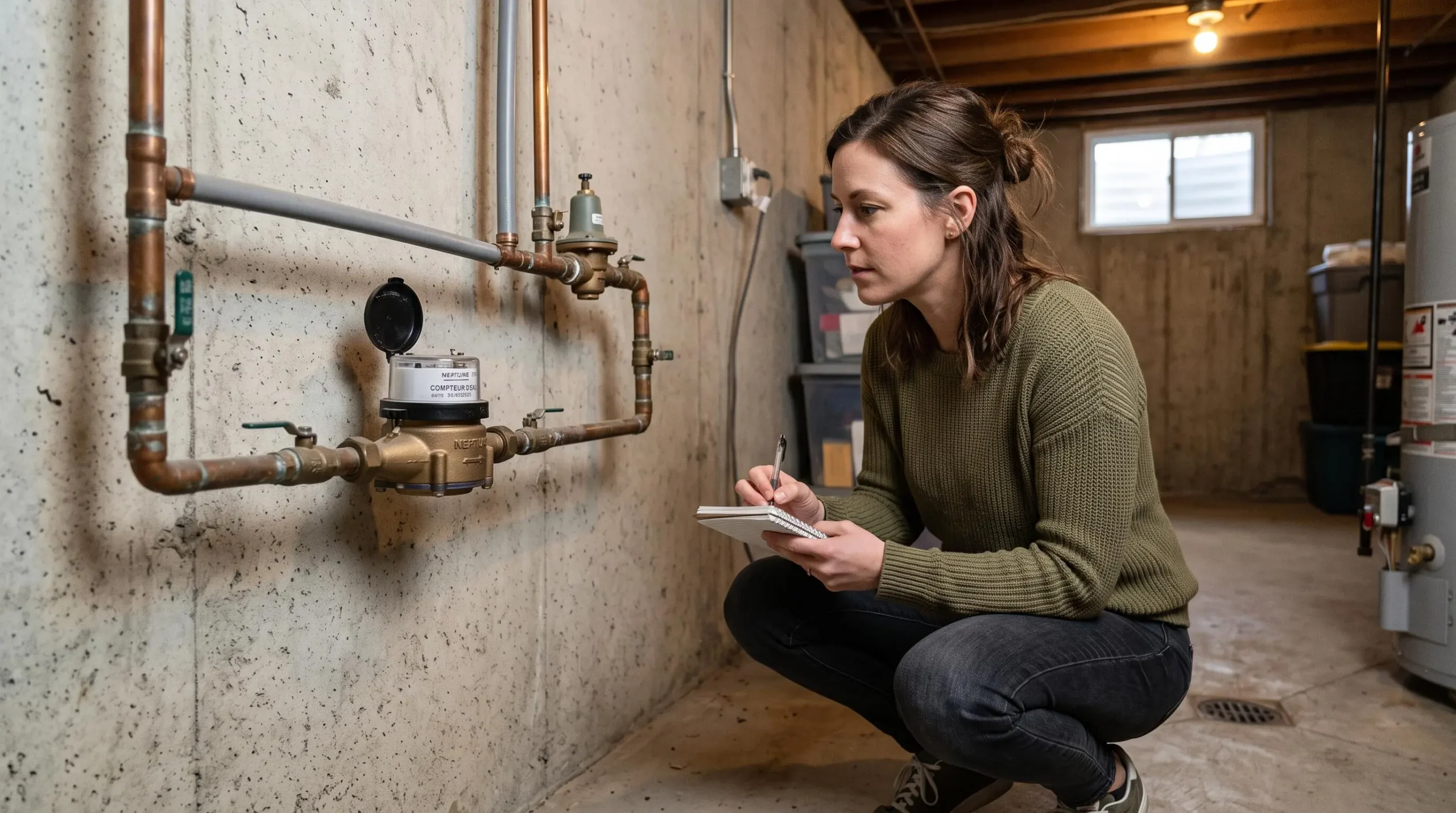 Propriétaire accroupi inspectant un compteur d'eau résidentiel dans un sous-sol