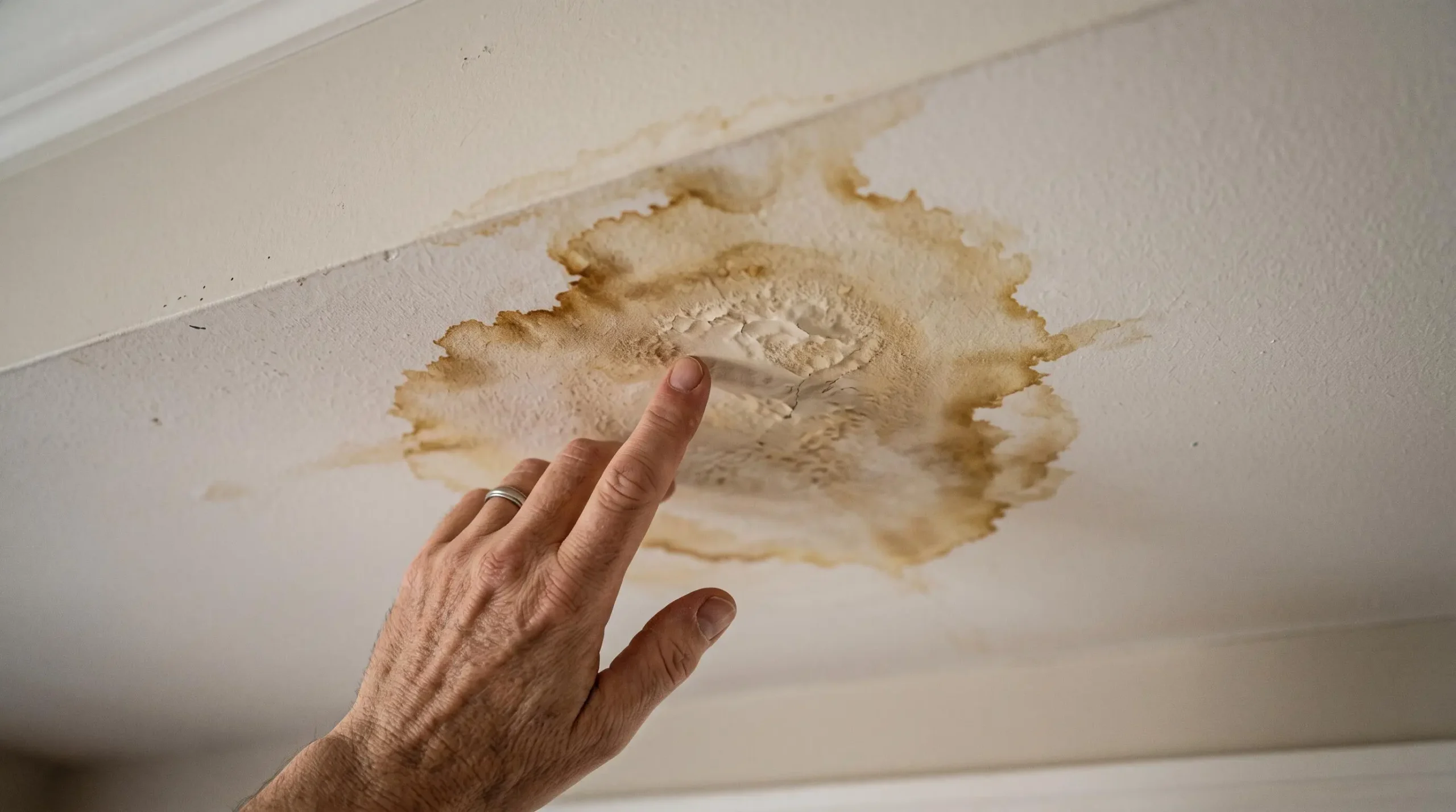 Tache d'humidité brune sur un plafond blanc avec une main de propriétaire pointant les dégâts d'eau